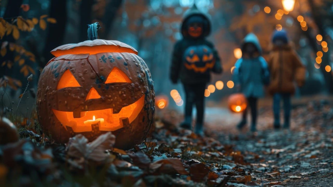 Világító töklámpás és jelmezes gyerekek egy őszi Halloween családi programon.