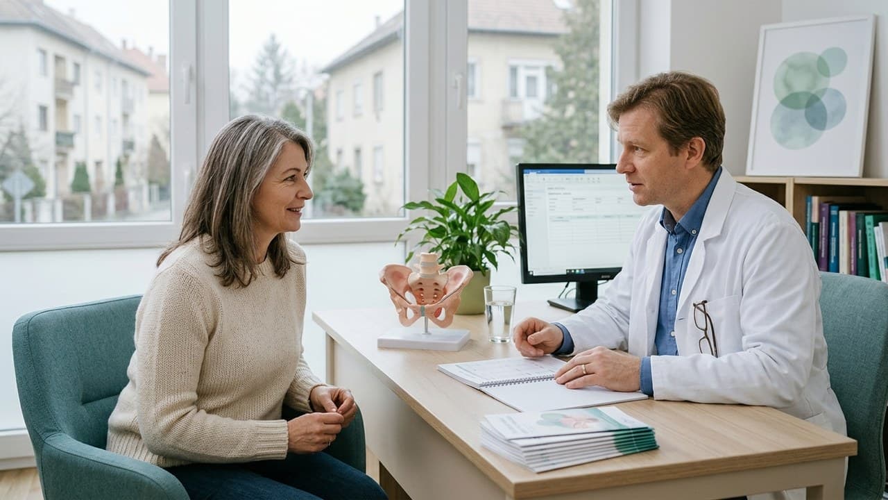 Nőgyógyász beszélget egy menopauzás nővel az intim egészségről és hormonpótlásról.