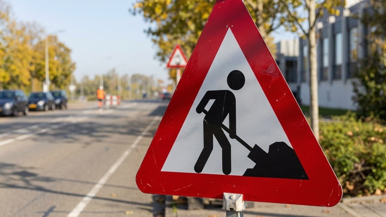 Útépítési tábla látható, jelezve az M7-es csomópontnál zajló aszfaltozási munkálatokat.
