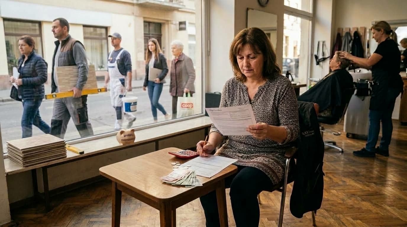 Vállalkozó nő intézi pénzügyeit fodrászszalonjában, utalva a kata adóemelésre.