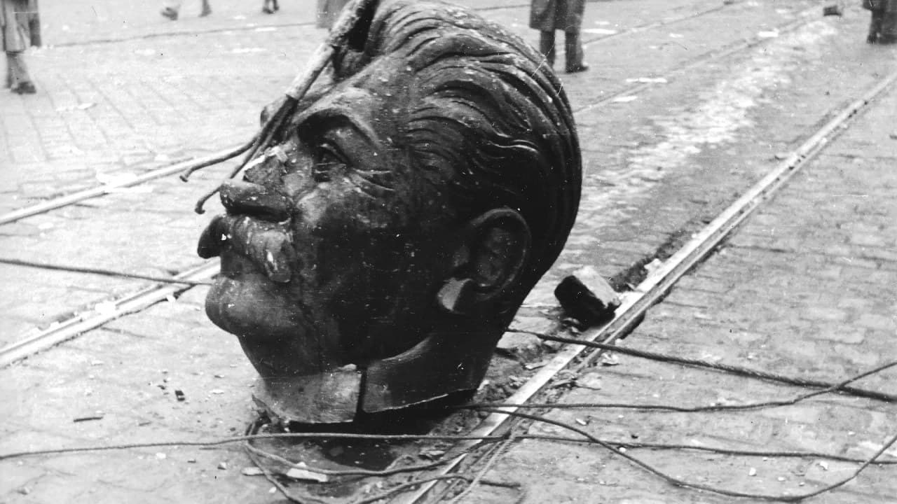 A ledöntött Sztálin-szobor feje a földön, az 1956-os forradalom idején.