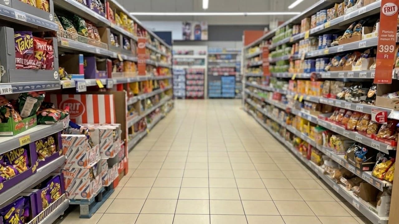 Kiskereskedelmi polcok termékekkel, az infláció és árrésstop kontextusában.
