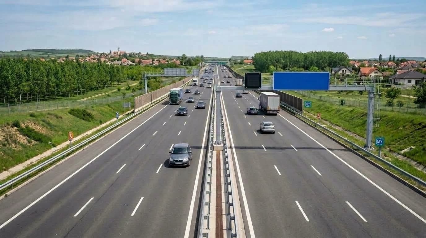 Tordas melletti autópálya forgalommal, ahol traffibox ellenőrzi a sebességet a biztonságért.