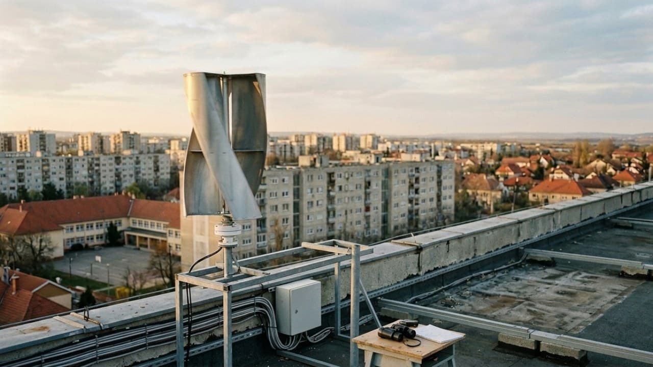 Függőleges tengelyű szélturbina egy tetőn, városi háttérrel, a megújuló energia innovációját mutatva.