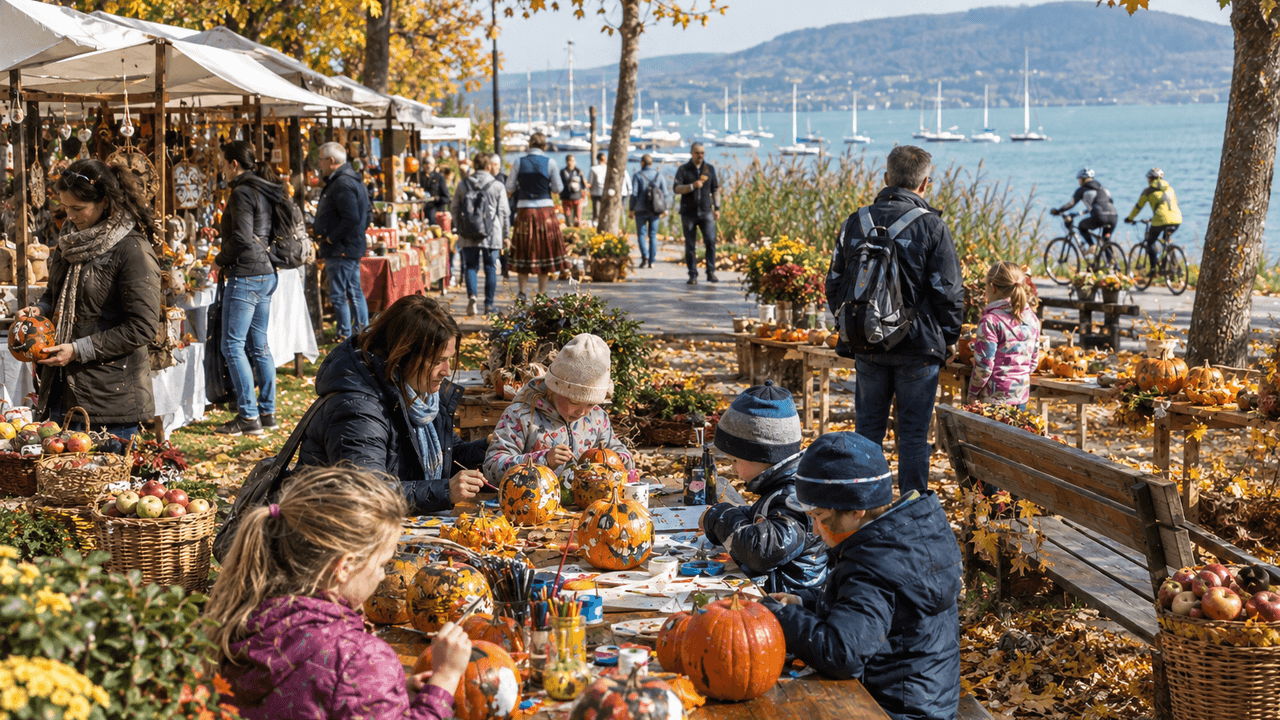 Őszi fesztivál a Balatonnál, ahol gyerekek tököt díszítenek, felnőttek bicikliznek.