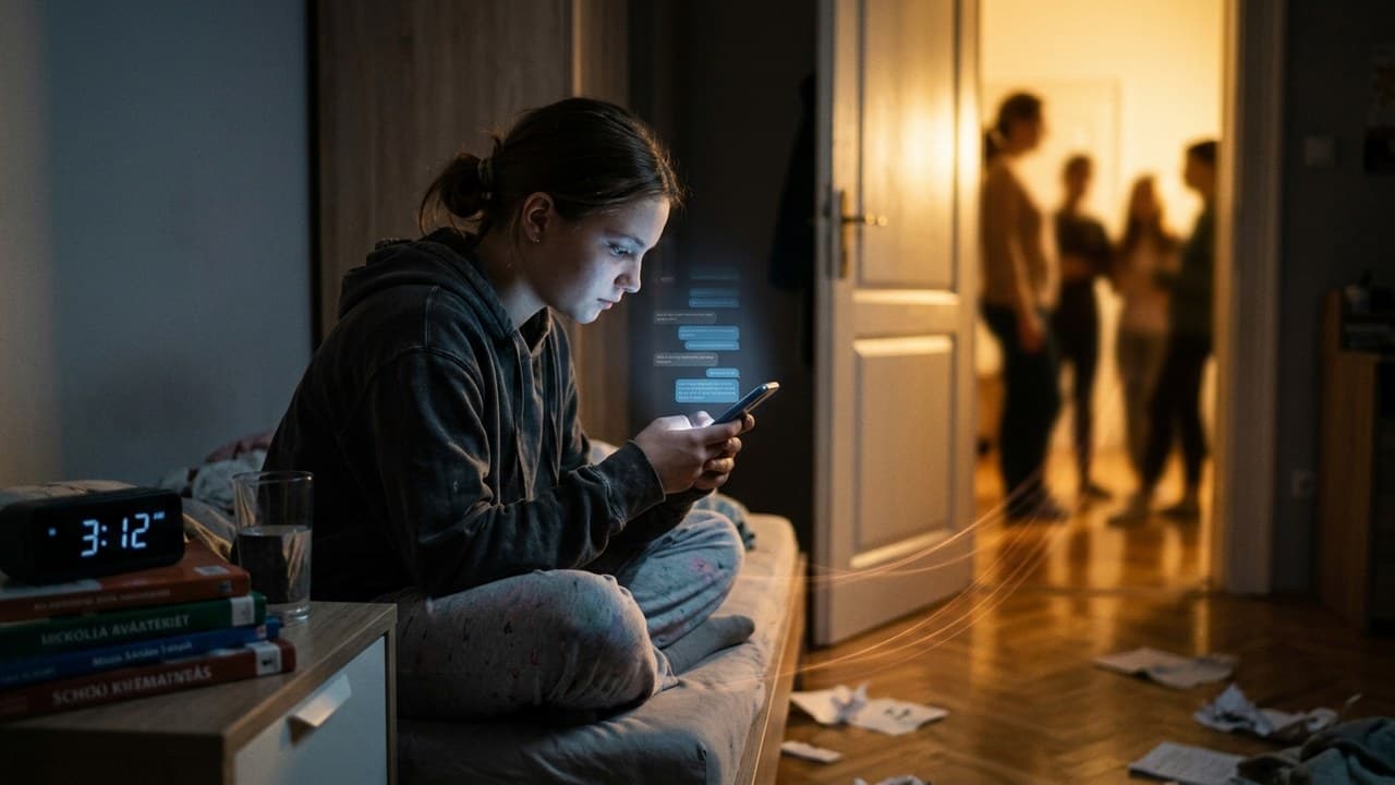 Egy fiatal chatbottal beszélget telefonján, miközben mások szocializálódnak, utalva a mentális egészségre.