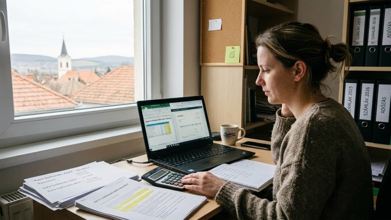 Nő KATA adózással, kisadózó vállalkozással kapcsolatos dokumentumokat és laptopot néz át.