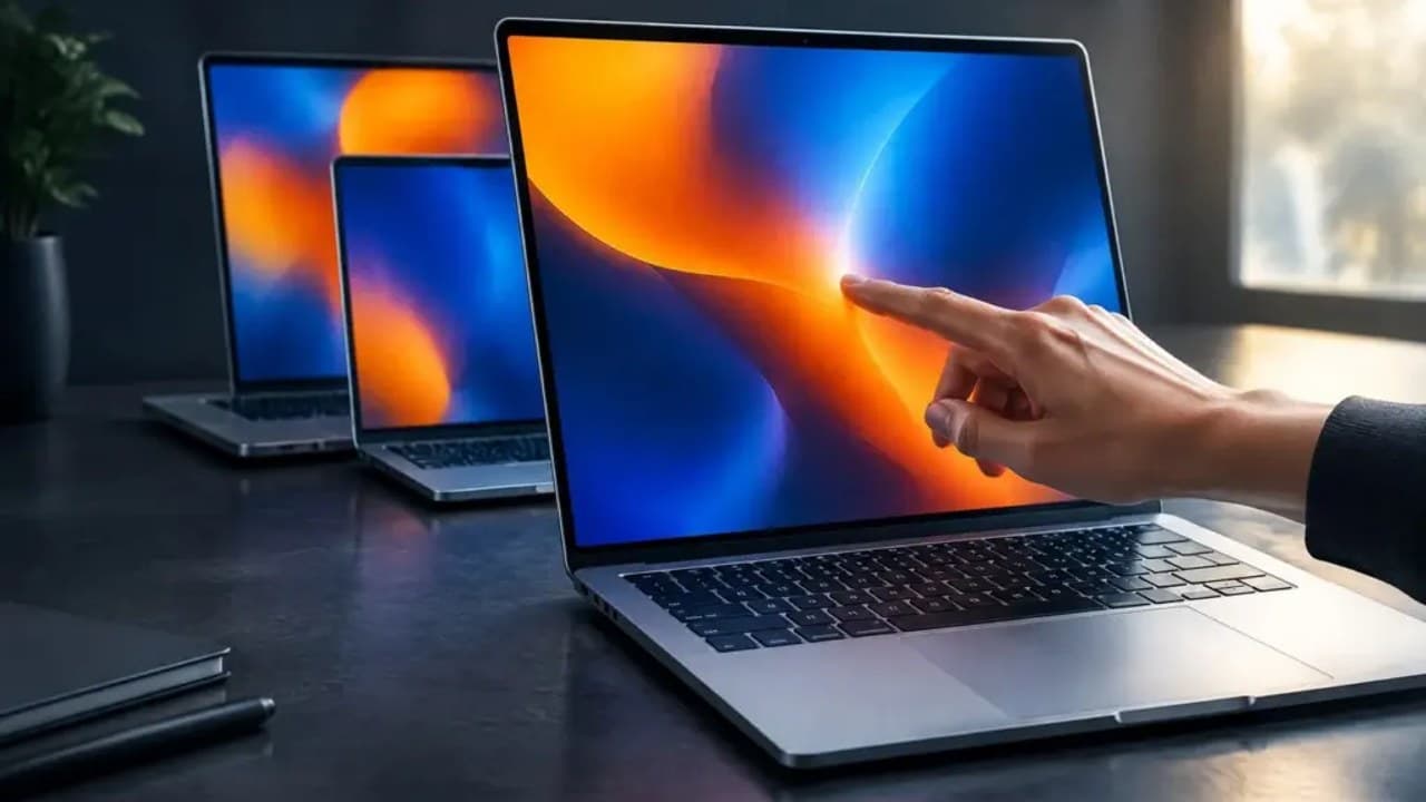 Egy kéz érintőképernyős MacBook Pro kijelzőjét érinti, utalva az Apple innovációjára.
