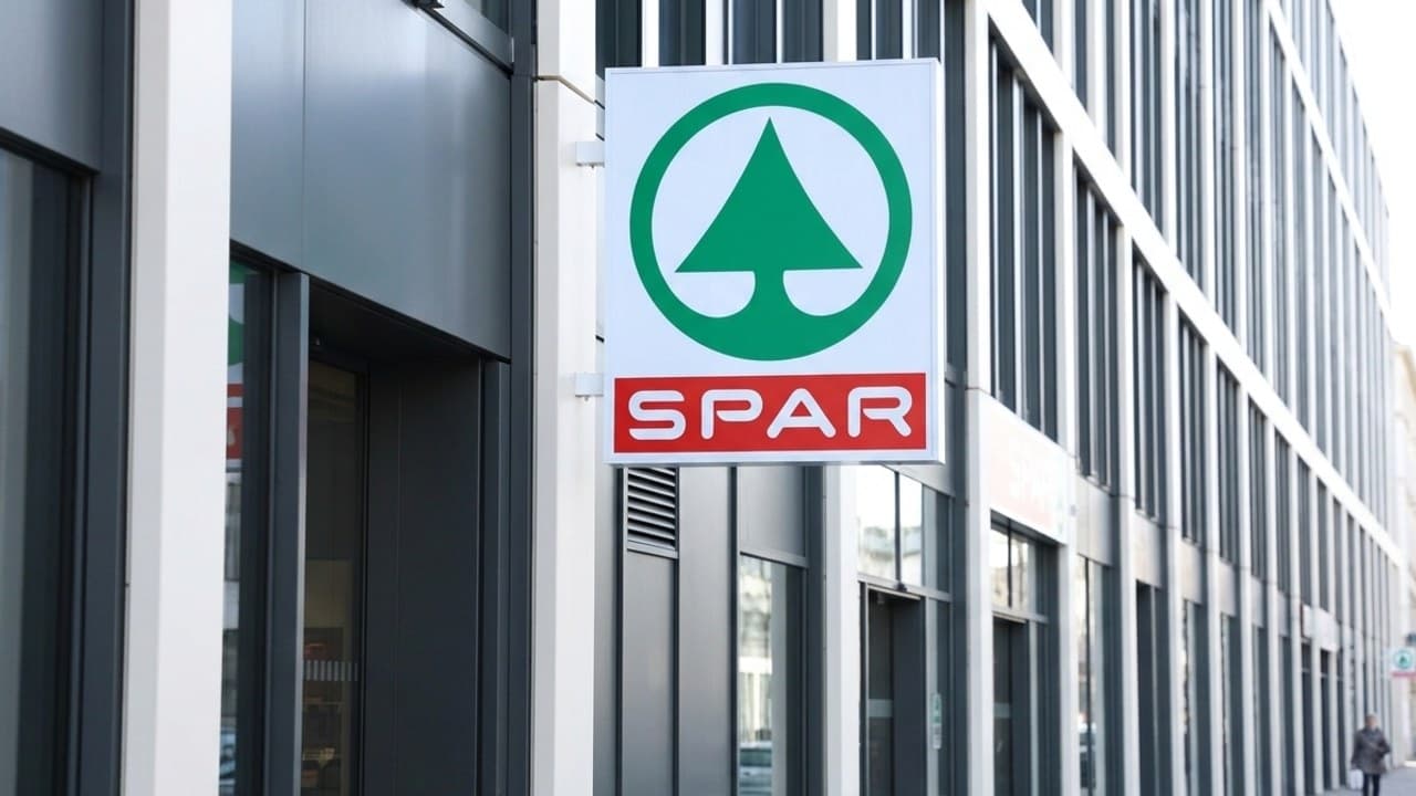 A Spar üzlet táblája egy modern épületen, az EU-s adózási és különadó viták kapcsán.