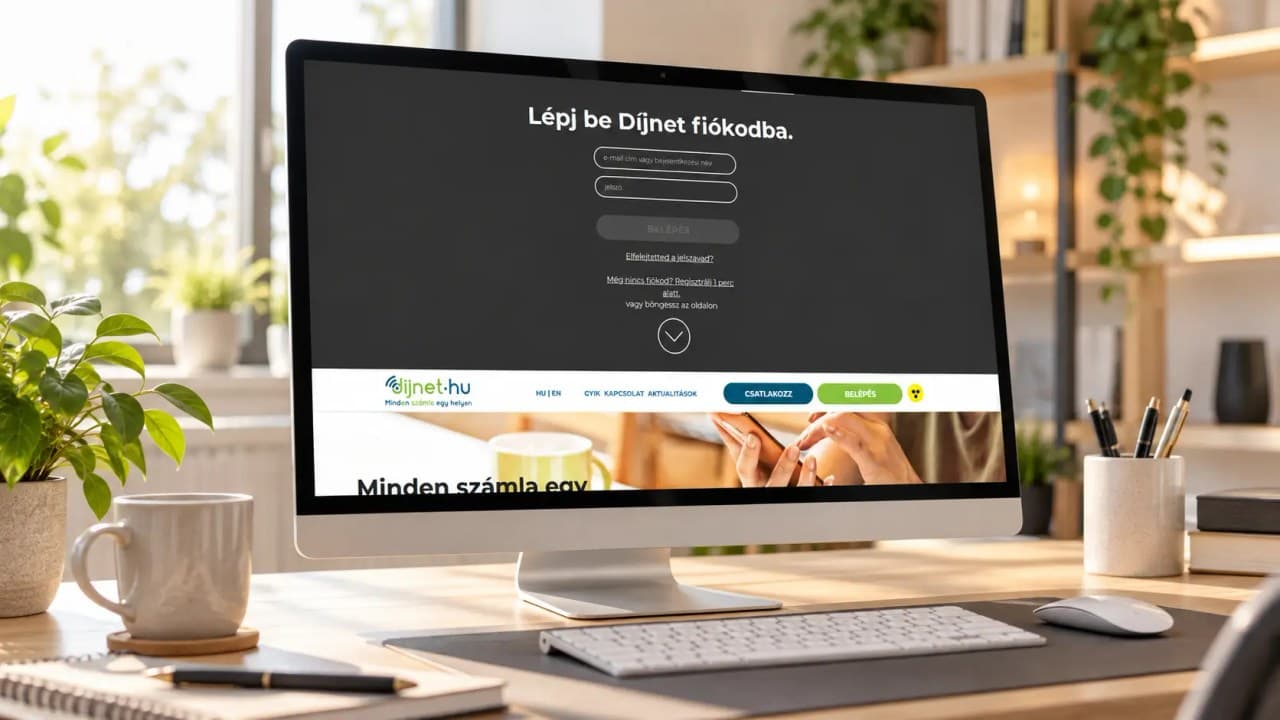 Díjnet bejelentkező oldalát mutató monitor asztalon, MVM Next e-számla kezeléshez.