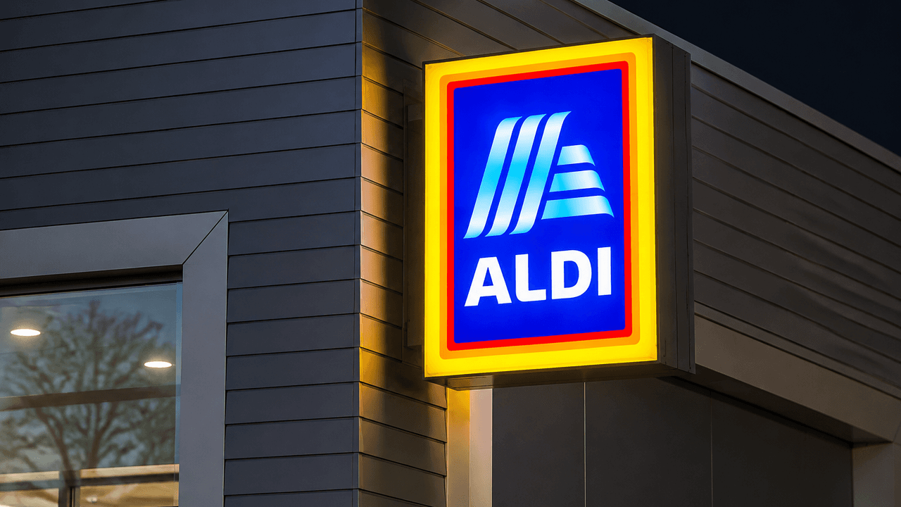 Az Aldi logója egy modern épületen, a GVH bírság és reklám kapcsán.