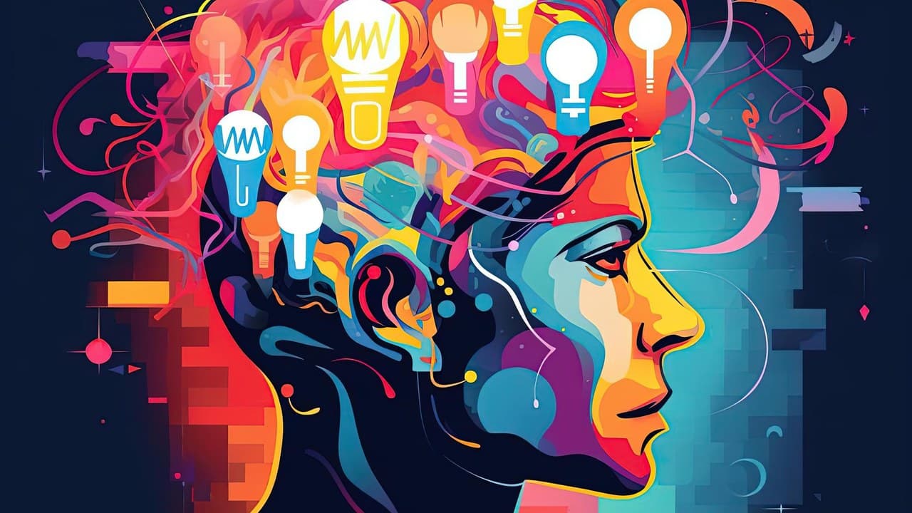 Színes illusztráció neurodiverz elméről, tele ötletekkel és pszichológiai komplexitással.