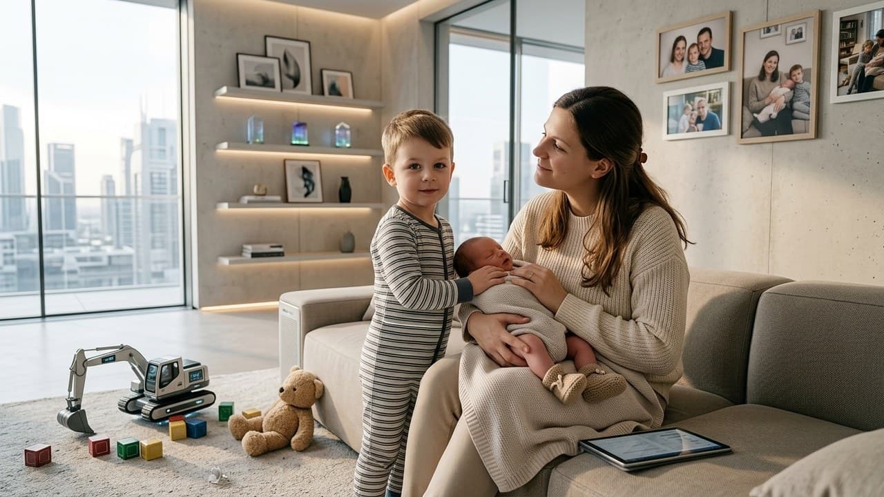 Anya újszülöttel ül a kanapén, mellette áll az idősebb testvér, játékokkal a padlón.